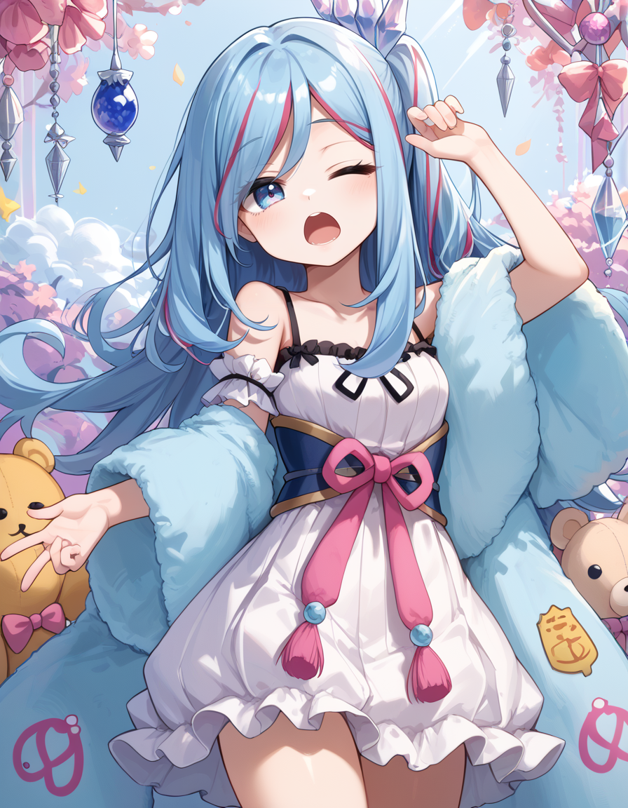 (score_9:0.9),score_8_up,score_7_up,rating_safe,anime style,(zPDXL),(zPDXL3),
<lora:Witchcrafter Madame Verre ponyXL v1:0.72>,witchcrafter madame verre,1girl,one eye closed,open mouth,white sleeveless dress,solo,looking at viewer,cowboy shot,white detached sleeves,stuffed toy,crystal hair ornament,fur trim boa,one side up,yawning,