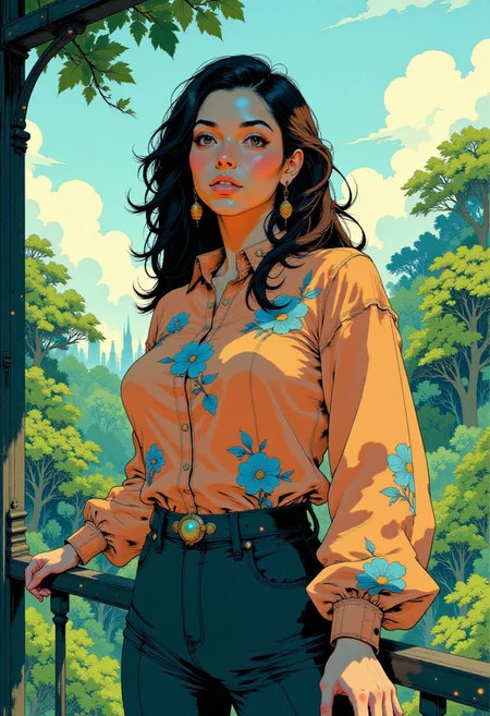 In this illustration, we see a woman with long, curly dark hair that cascades down her shoulders. Her eyes are a striking shade of blue, and she has a friendly expression on her face. She is wearing a rose gold blouse adorned with blue floral patterns, which contrasts beautifully with the vibrant green leaves in the background. The blouse features a high neckline and long sleeves that end just above her wrists. The woman stands in a serene outdoor setting, surrounded by lush greenery. The sun is shining brightly, casting dappled light on her figure and creating a soft glow around her head. Her left arm is resting gently on the railing of what appears to be a balcony or terrace, suggesting she might be enjoying a view from this vantage point. The background itself is lush with vegetation, indicating that she might be in a park or garden. The greenery is dense and full, adding a sense of tranquility to the scene. A few light-colored clouds are visible in the sky, further enhancing the idyllic atmosphere of the image. The overall mood of the illustration is serene and inviting, with the woman appearing relaxed and at peace with her surroundings.
Cyberpunk Style, cyberpunk, science fiction, hi tech, future tech, neon, (Cybernetics1.25), (Neon Cityscape:1), pinkretroanime, retro art