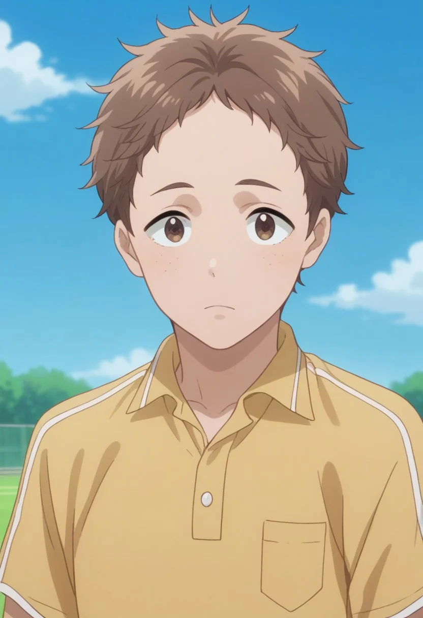 score_9, score_8_up, score_7_up, source_anime, highly detailed,
taiyo, 1boy, male focus, brown hair, solo, ypper body, brown eyes, freckles, shirt, polo shirt, yellow shirt,
outdoor, sky,