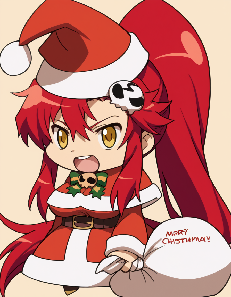 score_9, score_8_up, score_7_up, source_anime, <lora:yoko-littner-anime-ponyxl-lora-nochekaiser:1>, yoko littner, hair between eyes, hair ornament, high ponytail, long hair, red hair, sidelocks, skull hair ornament, yellow eyes, large breasts,, <lora:padoru-ponyxl-lora-nochekaiser:1>, padoru, padoru (meme), holding sack, sack, santa hat, meme, christmas, open mouth, chibi, red capelet, santa dress, capelet, fur-trimmed headwear,, ,