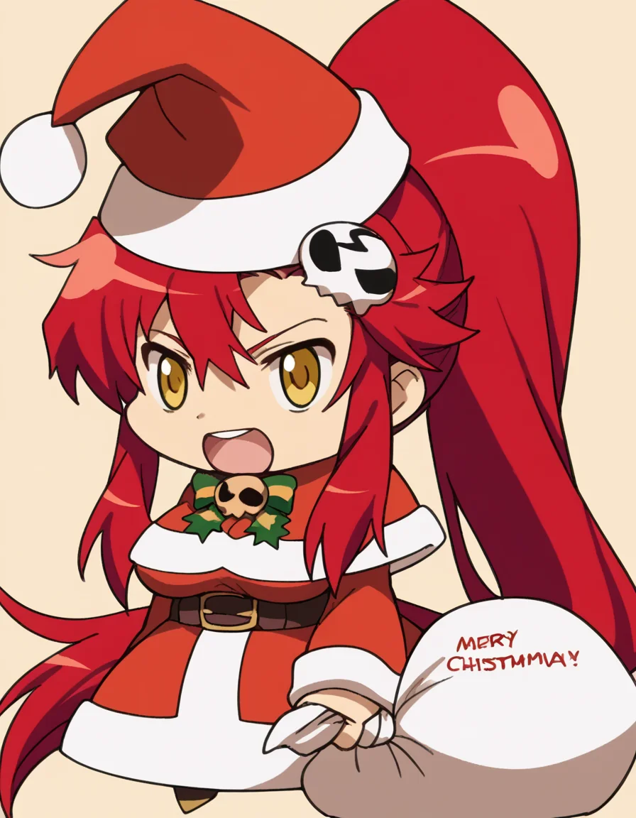 score_9, score_8_up, score_7_up, source_anime, <lora:yoko-littner-anime-ponyxl-lora-nochekaiser:1>, yoko littner, hair between eyes, hair ornament, high ponytail, long hair, red hair, sidelocks, skull hair ornament, yellow eyes, large breasts,, <lora:padoru-ponyxl-lora-nochekaiser:1>, padoru, padoru (meme), holding sack, sack, santa hat, meme, christmas, open mouth, chibi, red capelet, santa dress, capelet, fur-trimmed headwear,, ,