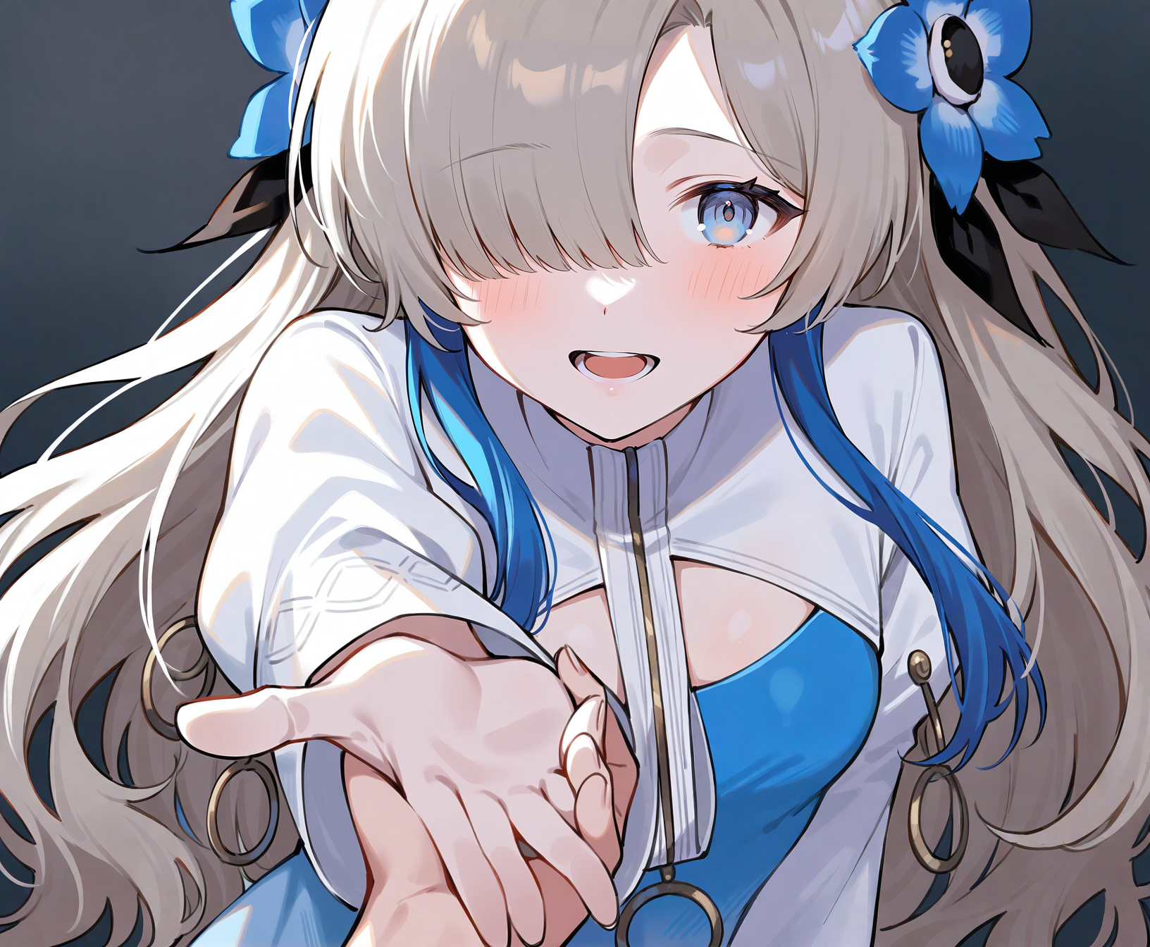 1girl, isekaijoucho, isekai joucho,
blue hair flower, gray wavy long hair, hair over one eye, multicolored hair, white blue two-tone dress, blue white gradient dress, puffy long sleeves, white pantyhose, high heel boots,
reaching, reaching towards viewer, close-up, portrait, pov, foreshortening, trying to hug, yandere,
masterpiece, best quality, very aesthetic, safe,
<lora:neg4all_bdsqlsz_xl_V91:1>,   <lora:Isekaijoucho_anmgn31_D-B:0.6>