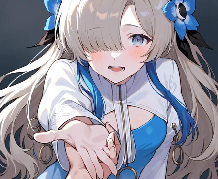 1girl, isekaijoucho, isekai joucho,
blue hair flower, gray wavy long hair, hair over one eye, multicolored hair, white blue two-tone dress, blue white gradient dress, puffy long sleeves, white pantyhose, high heel boots,
reaching, reaching towards viewer, close-up, portrait, pov, foreshortening, trying to hug, yandere,
masterpiece, best quality, very aesthetic, safe,
<lora:neg4all_bdsqlsz_xl_V91:1>, <lora:Isekaijoucho_anmgn31_D-B:0.6>