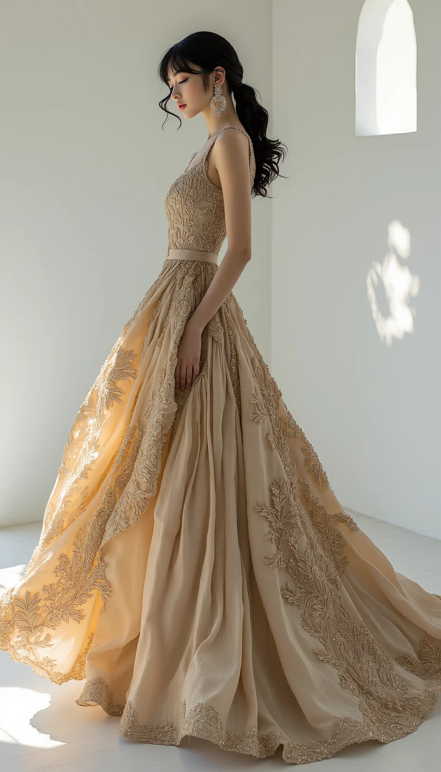 A fashion model wearing a luxurious gown that drapes elegantly over her figure, blending classic beauty with a modern, artistic flair. The gown features detailed embroidery and flowing, rich fabrics that catch the light in a stunning display of craftsmanship. The modelâs pose is both poised and dynamic, with her expression radiating confidence and sophistication. The clean, minimalist background contrasts beautifully with the richness of the fabric, making the overall image both striking and timeless, midjourney_whisper_avant_couture, <lora:midjourney_whisper_avant_couture_v01:1>,