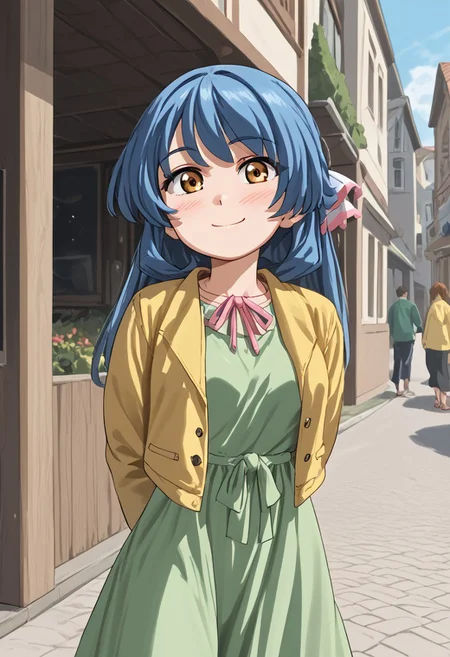 score_4,score_5,score_6,score_7_up,score_8_up,score_9 ((masterpiece,best quality,ultra detailed,highres,HD,4k:1.2)),
1girl,solo,girl forcus,solo forcus,
 upper body, long hair,darl blue hair,bangs,ribbon,brown eyes,medium breasts, casual,long sleeves,open jacket,yellow jacket,cropped jacket,long dress,green dress,sandals,clothed ribbon,pink ribbon, blush,closed mouth,smile,arms behind back, outdoors,