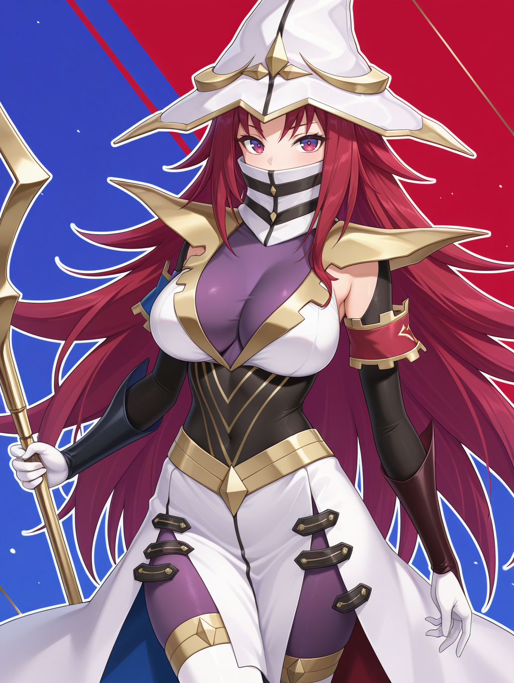 beyond the pendulum, 1girl, solo, staff, white wizard hat, high collar, holding staff, looking at viewer, multicolored elbow gloves, covered mouth, cowboy shot, large breasts, outline, white dress, standing, medium breasts, purple bodysuit, red background, blue background
masterpiece,best quality,amazing quality,very aesthetic,absurdres,newest,<lora:Beyond the Pendulum illuXL v1:0.72>,