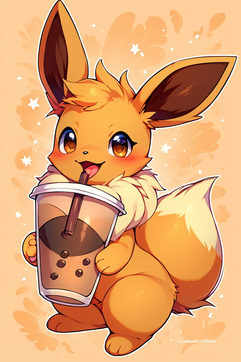 score_9, score_8_up, score_8,  ,,,  zzEV, looking at viewer, blush, smile, open mouth, holding, brown eyes, full body, :d, tongue, artist name, cup, :3, outline, drinking straw, disposable cup, bubble tea, fluffy,  <lora:EeveePokedexPDXL:1.0>,   ,,, embedding:zPDXL, Expressiveh, <lora:CatalystStylePDXL:0.6>,  <lora:SDXLFaeTastic2400:0.5>,  <lora:Expressive_H-000001:0.4>,