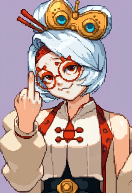 score_9, score_8_up, score_7_up, source_anime, BREAK, solo, 1girl, looking at viewer, <lora:Ace-Attorney-Portraits-pdxl_Fp:1>, portrait, pixel art, simple background, upper body, <lora:purah-pdxl-nvwls-v1:1>, purah, hair ornament, red headband, red glasses, sleeveless shirt, white coat, black skirt, smug, middle finger,