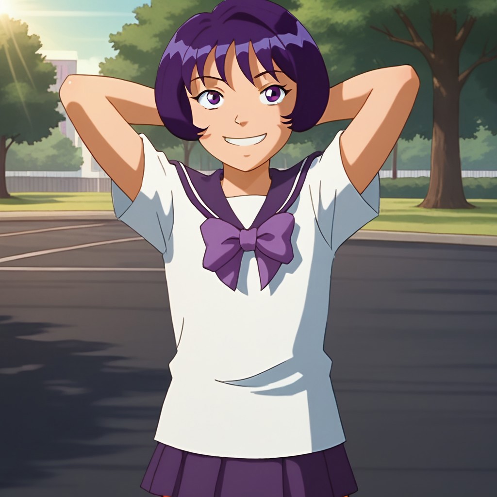 score_9, score_8_up, score_7, BREAK, madison_ts. purple hair, short hair, purple eyes, school uniform, skirt, bow, smiling, outdoors, sunlight, shadows, park, natural lighting, hands behind head