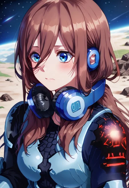 miku nakano,demomload armor, long hair, bangs, blue eyes, brown hair, hair between eyes, headphones, headphones around neck, space,