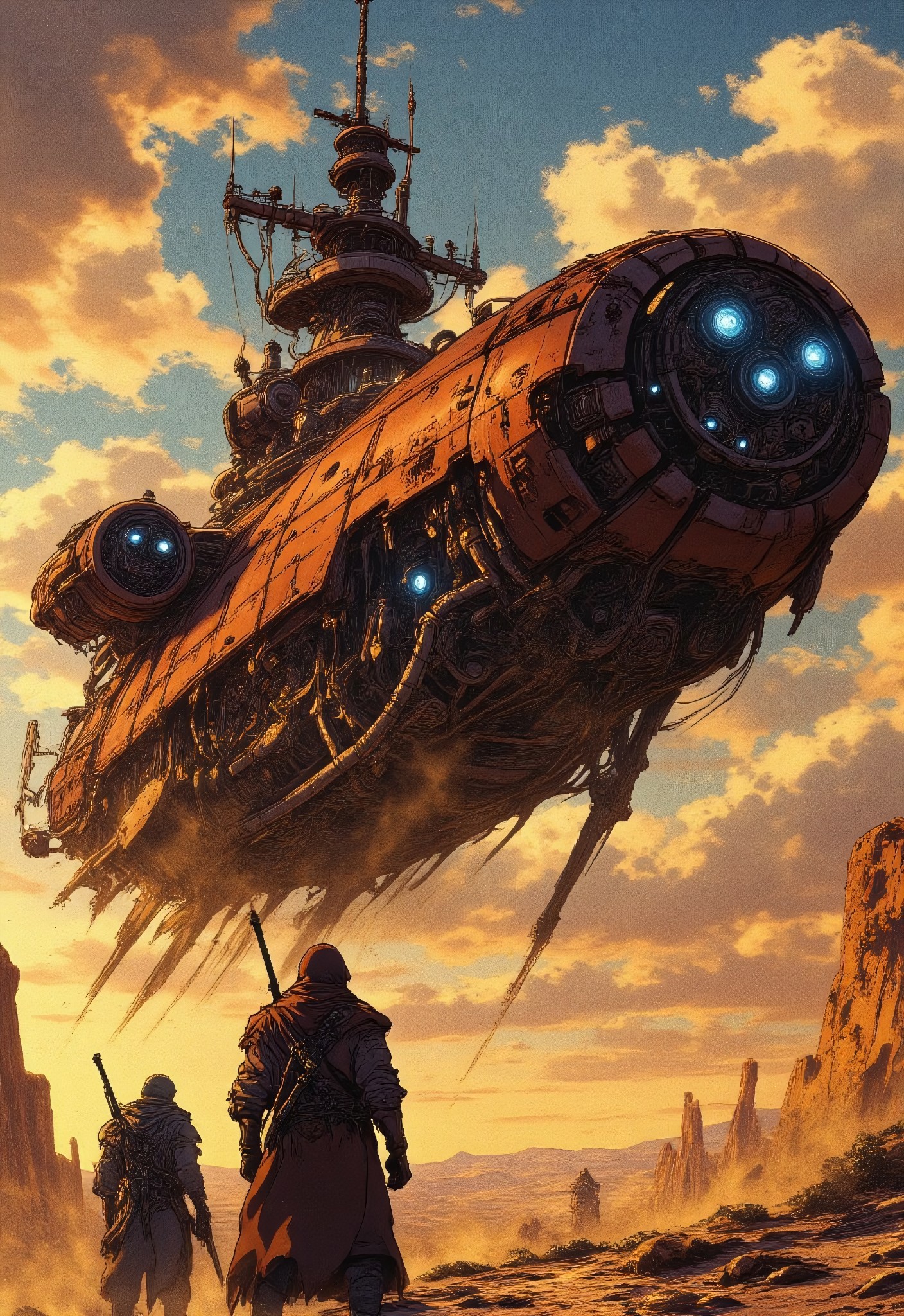 A massive airborne battleship hovers above a desert wasteland, its rusty, dieselpunk hull covered in pipes, antennas, and glowing engines. The sky is filled with dramatic golden clouds as the sun sets, casting long shadows on the cracked ground below. In the foreground, heavily armed nomadic warriors in rugged, tactical gear stand ready, their weapons reflecting the ship's blue energy lights. The scene is painted in a highly detailed, cinematic sci-fi style with a mix of dieselpunk and post-apocalyptic elements