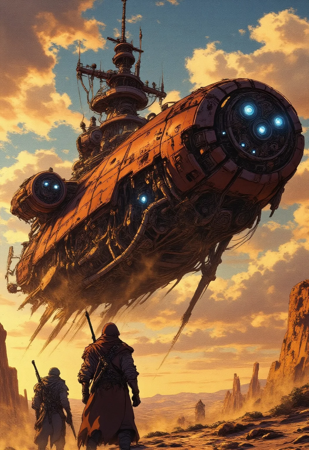 A massive airborne battleship hovers above a desert wasteland, its rusty, dieselpunk hull covered in pipes, antennas, and glowing engines. The sky is filled with dramatic golden clouds as the sun sets, casting long shadows on the cracked ground below. In the foreground, heavily armed nomadic warriors in rugged, tactical gear stand ready, their weapons reflecting the ship's blue energy lights. The scene is painted in a highly detailed, cinematic sci-fi style with a mix of dieselpunk and post-apocalyptic elements