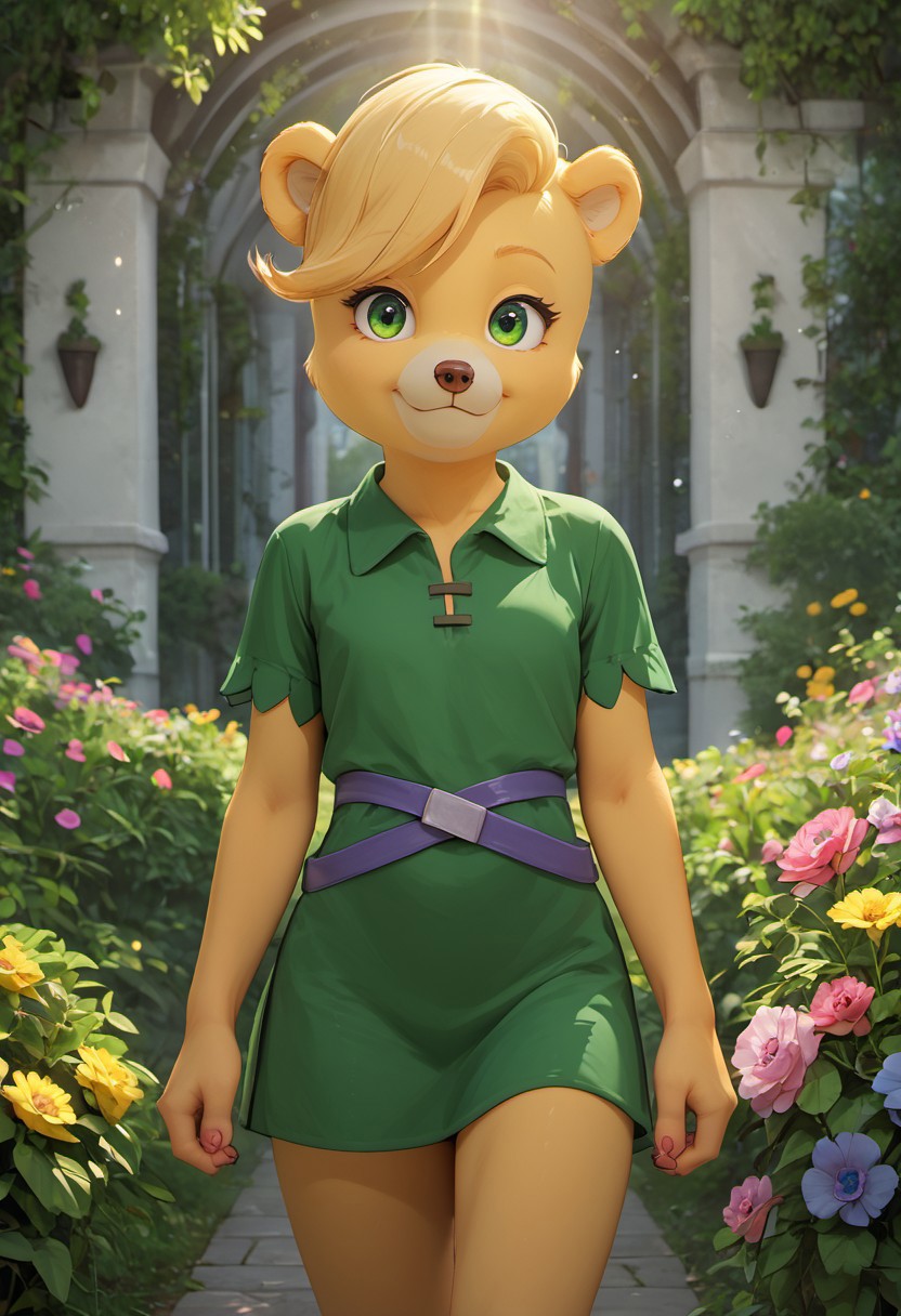 (masterpiece:1.5), best quality, ultra-detailed, (high res), cinematic lighting, beautiful lighting, high quality, studio quality, detailed, insanely detailed, extreme detail, refined detail, perfect detail, max detail, smooth lighting, detailed background, hyper detailed body, beautiful lighting, vibrant lighting, global illumination, absurdres, high-res, dynamic lighting, score_9, score_8_up, score_7_up, ponypositive, 1girl, solo, solo focus, looking at viewer, (narrow waist, skinny, slender body, slim), (outdoors, floral garden), bright lighting, daylight, sunshine, cute, kawaii, (closed mouth), happy, ((standing)), alone, gleaming eyes, big eyes, ((cowboy shot)), (arms at sides), perfect eyes, perfection, sunni gummi, anthro, bear girl, blonde hair, yellow fur, yellow body fur, green eyes, green tunic, green boots, buckled waistband, ear tuff, blue flowers, daytime, Blue sky, clouds, perfect paws, sweeping bangs, cat paws, detailed paws, fluffy fur, (not human), 3D blender, smile, posing, (close up), chibi,