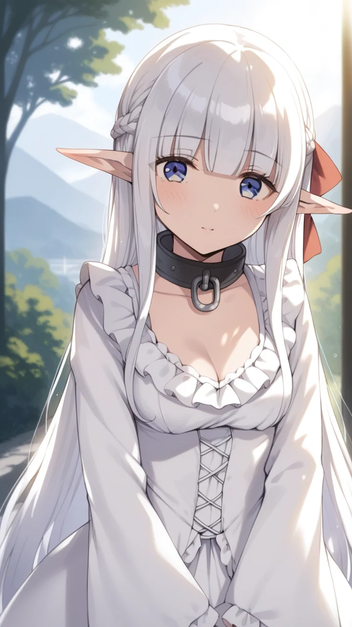score_9, score_8_up, score_7_up, source_anime, BREAK
1girl, solo, portrait, outdoors, park, trees, mountain, sun light, standing, <lora:Nephilia:0.8>, nephilia, white hair, very long hair, (blue eyes:1.2), braid, pointy ears, elf, red bow, blunt bangs, collarbone, collar, frills, long sleeves, frilled sleeves, white dress, white dress, frilled dress, cleavage, small breasts, pleased, (smile:0.6), shy,