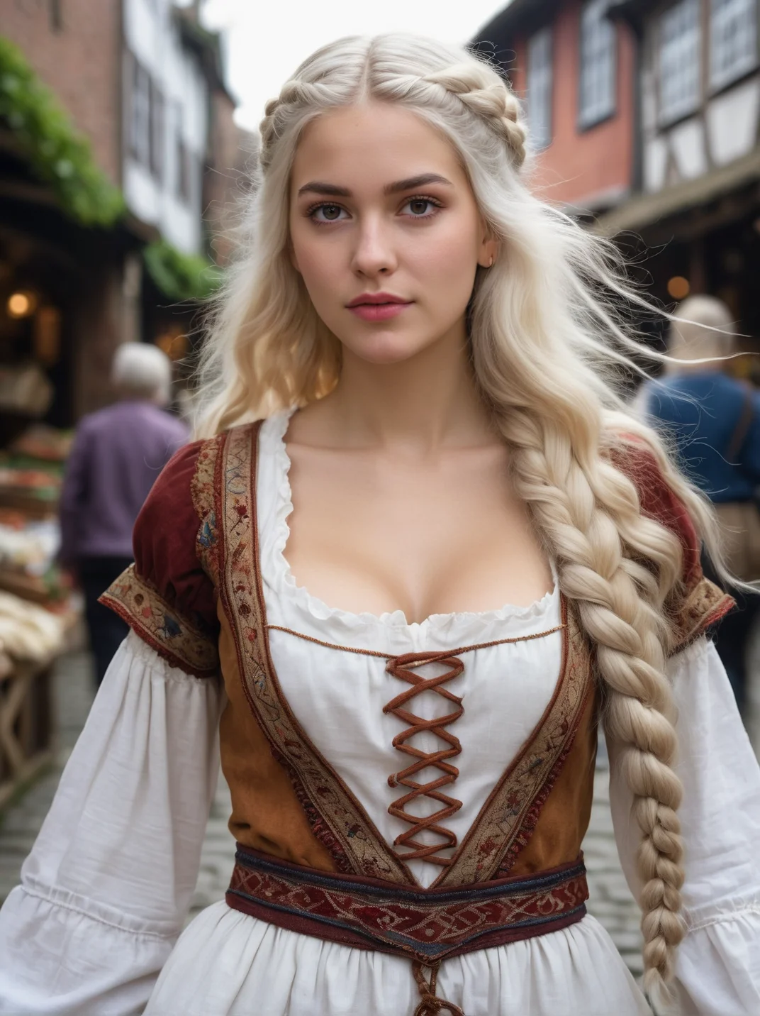 fashion photograph portrait of Milou_Ananias_P_MXAI_SDXL wearing a medieval peasant dress, walking through a medieval city market, (((Ultra-HD-details, Ultra-HD-detailed, Ultra-HD-realistic, Ultra-HD-photo-same-realistic-quality-details)))
