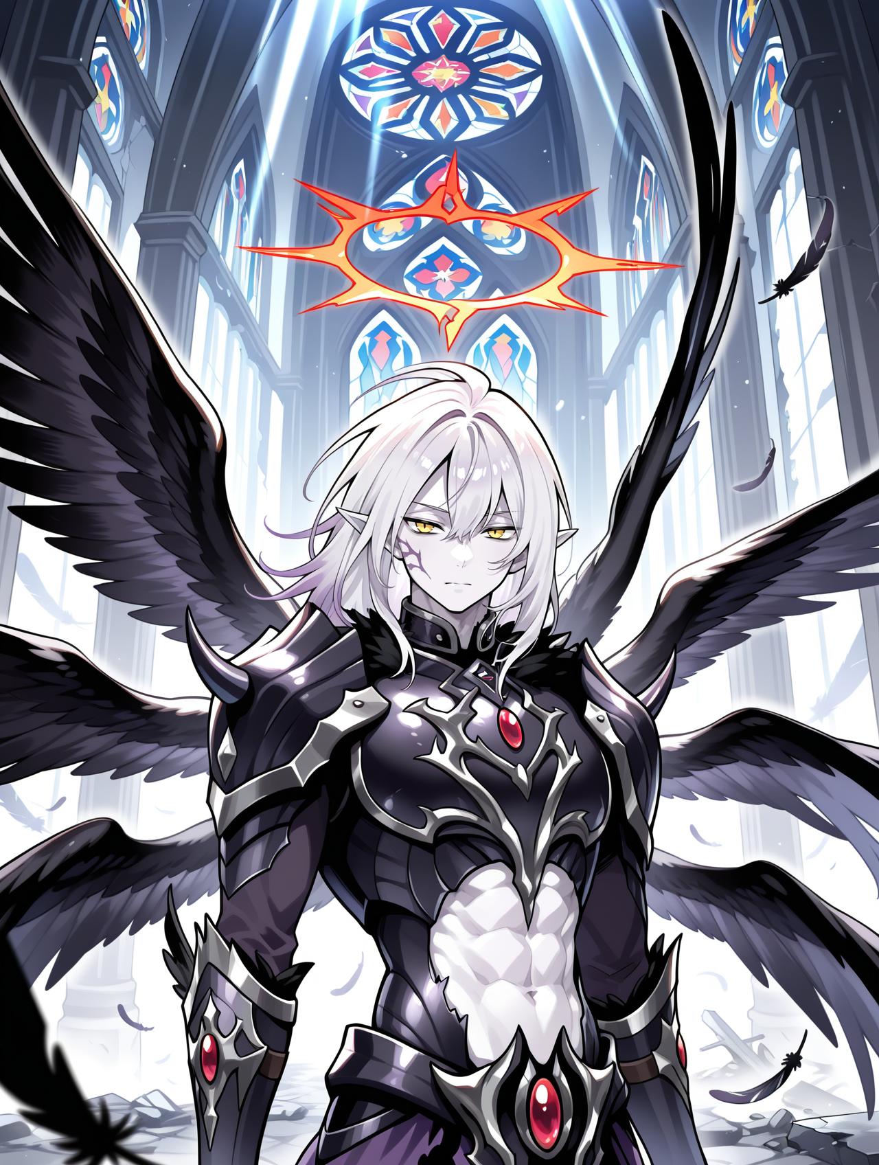 1boy,the first darklord,solo,male focus,black feathers,white skin,red halo,angel,light rays,abs,upper body,closed mouth,black angel wings,black armor,black breastplate,black pauldrons,black vambraces,purple pelvic curtain,multiple wings,ruins,church,stained glass,outdoors,
masterpiece,best quality,amazing quality,very aesthetic,absurdres,newest,<lora:The first DarkLord illusXL v1:0.77>,<lora:wai-2Rectified-V140:0.7>,