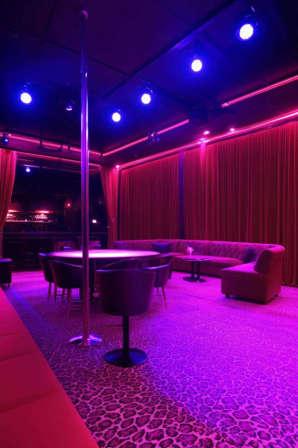 score_9,score_8_up,score_7_up,
neon_lights,indoors,
indoor,
Chair,red chair,
((stripper pole)),curtains,table,lamp,(((stripclubpony1))),club,(strip club),red theme,neon lights,ceiling light,on stage,stripper stage,
((neon stage)),leopard print rug,leopard print carpet,
indoors,night,
((stage)),carpet,((girl on neon stage)),
indoors,table,chair,
, no humans, <lora:stripclub PONY:0.7>