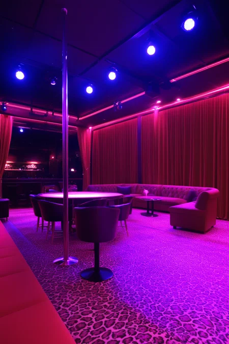 score_9,score_8_up,score_7_up,
neon_lights,indoors,
indoor,
Chair,red chair,
((stripper pole)),curtains,table,lamp,(((stripclubpony1))),club,(strip club),red theme,neon lights,ceiling light,on stage,stripper stage,
((neon stage)),leopard print rug,leopard print carpet,
indoors,night,
((stage)),carpet,((girl on neon stage)),
indoors,table,chair,
,  no humans, <lora:stripclub PONY:0.7>