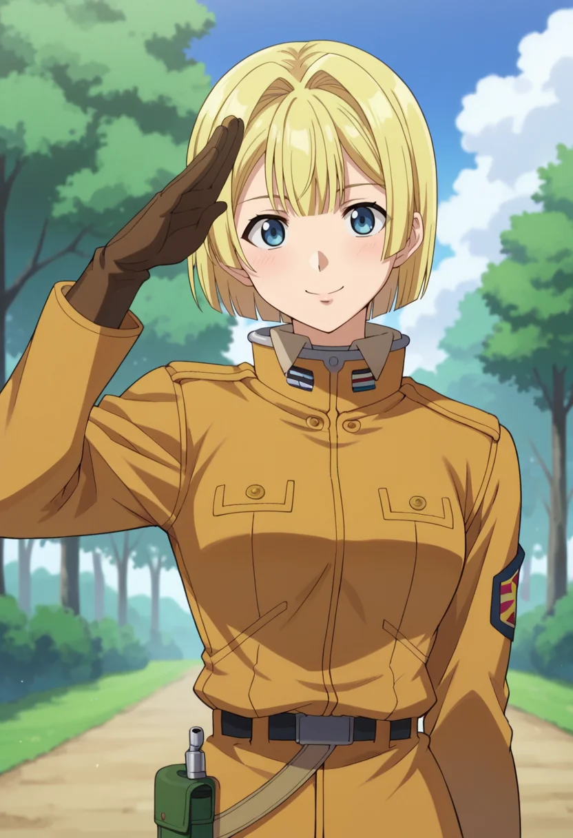 score_9,score_8_up,score_7_up,anime coloring BREAK source_anime,anime,<lora:Alice_L._Malvin_ã¢ãªã¹Lãã«ã´ã£ã³__Pumpkin_Scissors__PonyXL:0.8>,alicelmalvin,1girl,blonde hair,gloves,uniform,blue eyes,short hair,military uniform,military,smile,salute,arms_up,looking_at_viewer,outdoors,