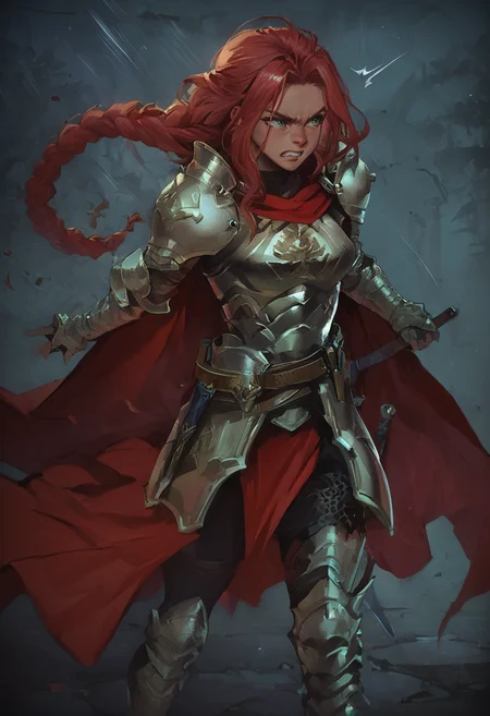 embedding:Pony\Positive\zPDXL2,score_9, score_8_up, score_7_up, 1girl, sc_helayna, red hair, long hair, braid, green eyes, solo, breastplate, armor, plate armor, pauldrons, vambraces, belt, cape, holding sword, drawing sword, sword sleeve, dynamic pose, emphasis lines, clenched teeth