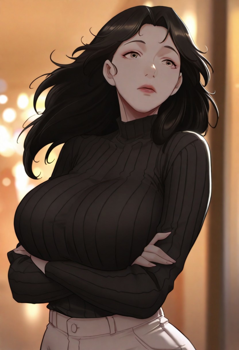 masterpiece, best quality, amazing quality, very aesthetic, absurdres,
hansomi, 1girl, solo, long hair, black hair, brown eyes, large breasts, mature female,
outfit6, sweater, black sweater, ribbed sweater, pants,
crossed arms under breasts, colorful, cinematic atmosphere, high contrast, blurry background, wind, moving hair