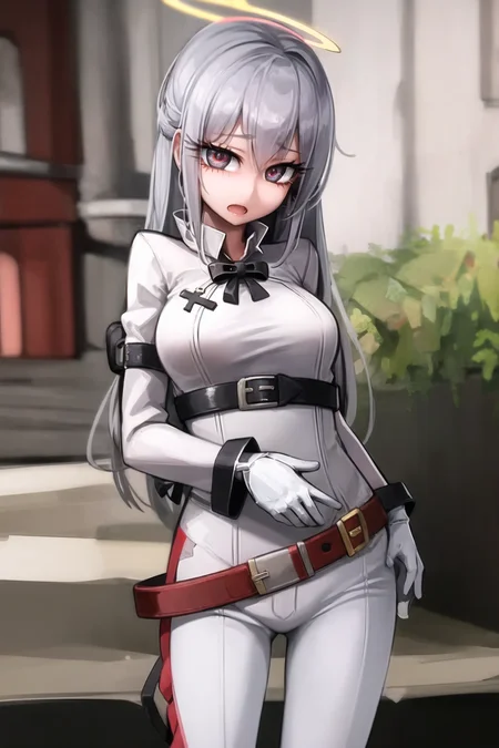 ((masterpiece)), (best quality), (detailed), (1 girl), <lora:jack:0.5>,jack-o' valentine,red hair,white bodysuit,gloves,halo,cross,belt,chain,<lora:lifeWithSylvieTeachingFeeling_v1:1>,tf_silver_,pet
