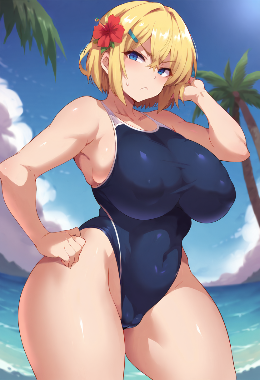 score_9, score_7_up,  1girl, 
huge breasts, wide hips, thick thighs, outdoors, bare shoulders, thighs, collarbone, blue sky, water, hair ornament, school swimsuit, covered navel, cloud, blonde hair, solo, flower, breasts, hair flower, blue eyes, swimsuit, competition swimsuit, cameltoe, sky, beach, tree, hand on own hip, pout, day, one-piece swimsuit, palm tree, cowboy shot, short hair
 <lora:konno_tohiro-Style-PonyXL-GLoRA-000041:1>