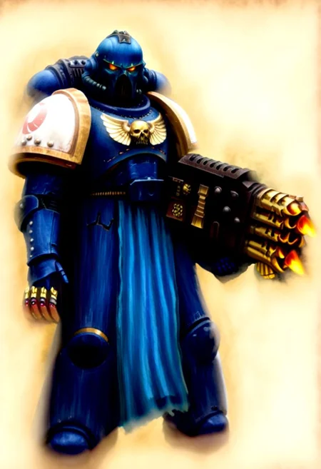 Score_9_up, absurdres, source: GamesWorkshop, grimdark, gothic horror, an adeptus astartes Ultramarines Infernis space marine in armor and helmet wielding a flamer