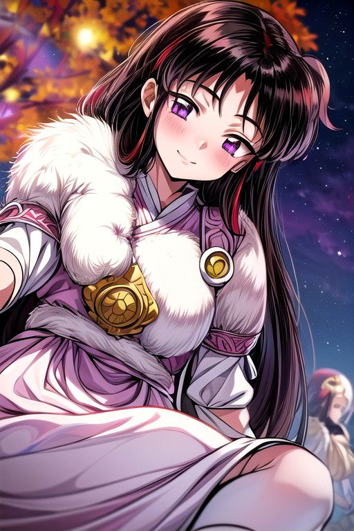 2girls, sister, masterpiece,  best quality 1girl Setsun4 solo long hair,  (night time) forest background black hair very long hair purple eyes multicolored hair armor (fur trim) (medium body),<lora:EMS-179-EMS:0.800000>,<lora:EMS-293862-EMS:0.800000> bow, hair_bow, hair_tubes, red_bow, brown_hair, long_hair, bangs, ascot, frilled_bow, yellow_ascot, blush, smile, hair_between_eyes, athletic, armor, miko, ,(((intricate outfit,intricate clothes,embroidered outfit,ornate outfit,embroidered clothes,ornate clothes))), laying down, lying down