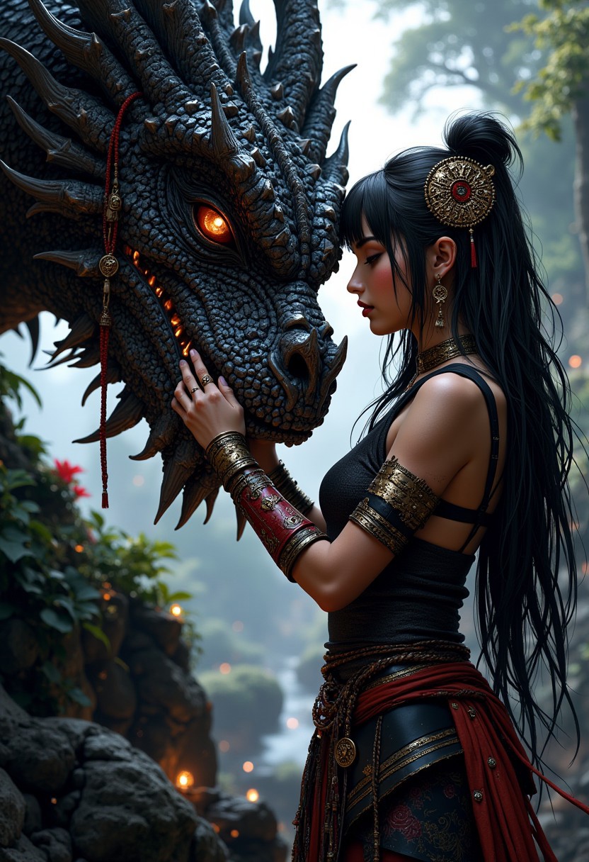 mythp0rt, masterpiece, beautiful oriental barbarian dragon tamer, long dark hair, bangs, circlet, leather and hide armour, affectionately strokes the nose of a huge dark dragon