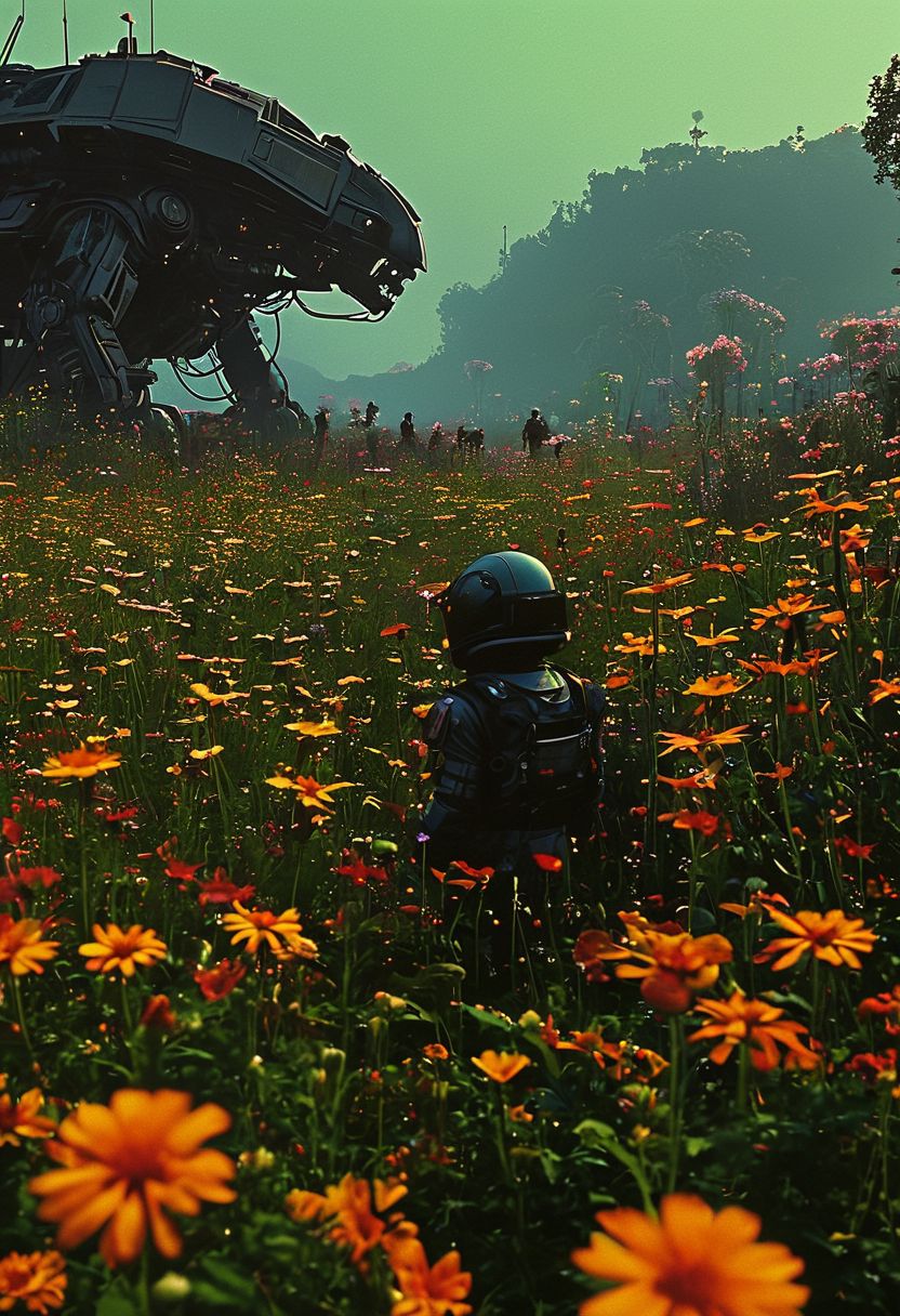 An idyllic countryside scene with children playing in a field of flowers, symbolizing the simple joys of life on Earth, 
in the style of the eerie ambiance of Ridley Scott's 'Alien' with 80s sci-fi nostalgia. Blend dreamlike, claustrophobic spaces, grimdark Warhammer 40K magic, and campy yet sinister tones. Envision a surreal, dystopian world where arcane forces meet retro-futuristic sci-fi, creating a uniquely haunting tableau
, in the style of an old 80's VHS dark fantasy, VHS screen grab, grainy, old footage
