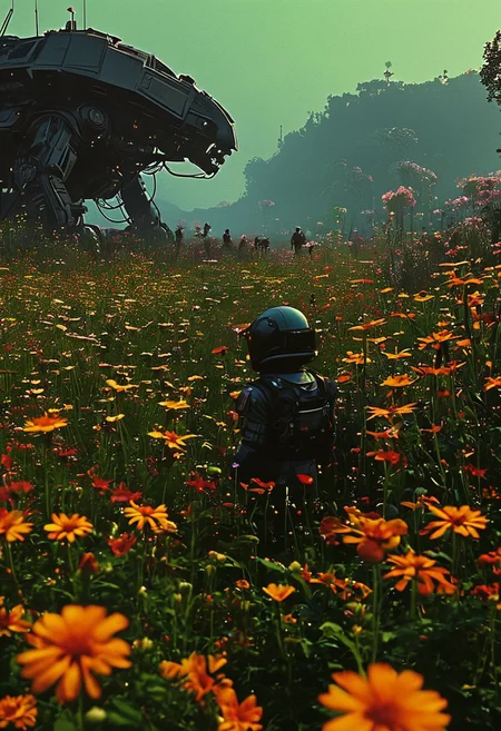 An idyllic countryside scene with children playing in a field of flowers, symbolizing the simple joys of life on Earth, 
in the style of the eerie ambiance of Ridley Scott's 'Alien' with 80s sci-fi nostalgia. Blend dreamlike, claustrophobic spaces, grimdark Warhammer 40K magic, and campy yet sinister tones. Envision a surreal, dystopian world where arcane forces meet retro-futuristic sci-fi, creating a uniquely haunting tableau
, in the style of an old 80's VHS dark fantasy, VHS screen grab, grainy, old footage