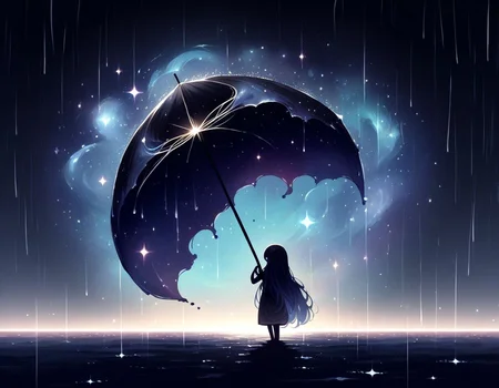 score_9,score_8_up,score_7_up,   <lora:Navi_Celestial_Skin_PonyXL:1.1> nv-celestialskin  ,   colored skin,  void cosmic body, deep black skin, silhouette, nebula, faceless female, long hair, tareme,  blue eyes,   in a city, raining, holding umbrella,