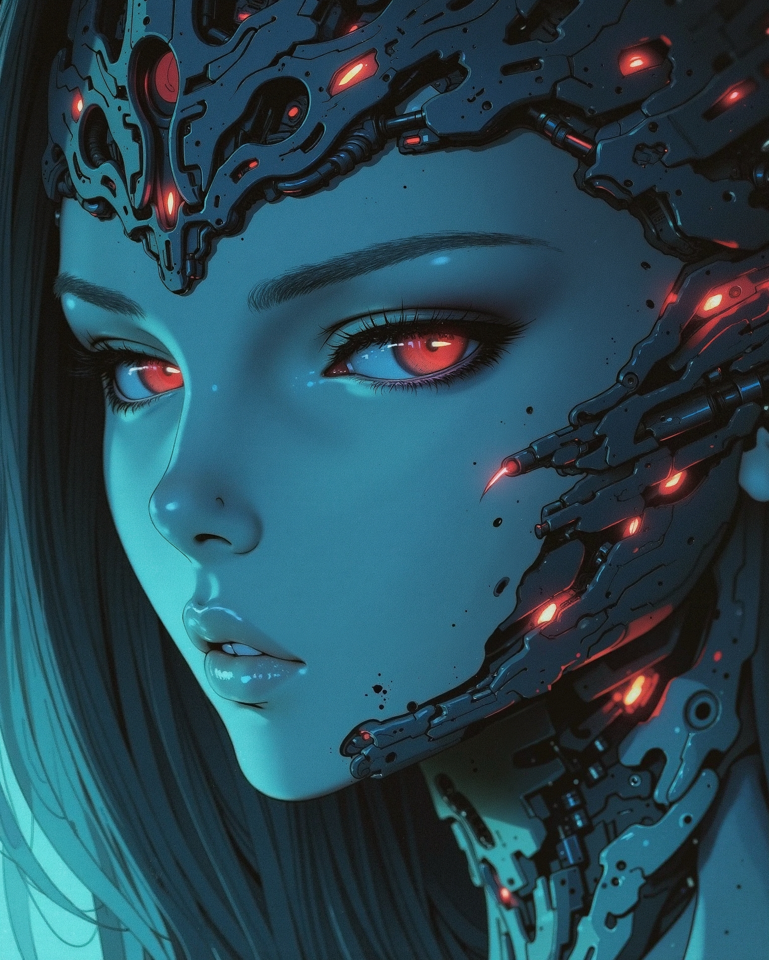 digital art, portraying a beautiful etheral sci-fi android of legendary power, a empress inspired by ghost in the shell,
Style Reference: inspired by H.R. Giger’s biomechanical elegance, ghost in the shell anime movie, high-fashion, and cyber-pharaoh symbolism. Think Blade Runner in deep space.
Composition: intimate portrait close-up, cool-toned lighting, soft shadows, detailed focus on the cybernetic empress