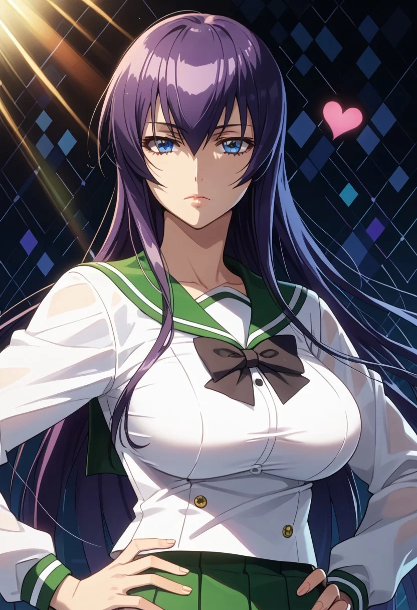 score_9, score_8_up, score_7_up, 1girl, looking at viewer, sunlight, abstract background, argyle background, rainbow, heart, upper body, close-up, portrait,
<lora:Saeko_Busujima_Dwnsty_r1:0.8>, saeko_busujima, purple hair, blue eyes, long hair, hair between eyes, school uniform, serafuku, green skirt, long skirt, pleated skirt, black bowtie,
lips, expressionless, large breasts, skindentation, mature female, hands on own hips,