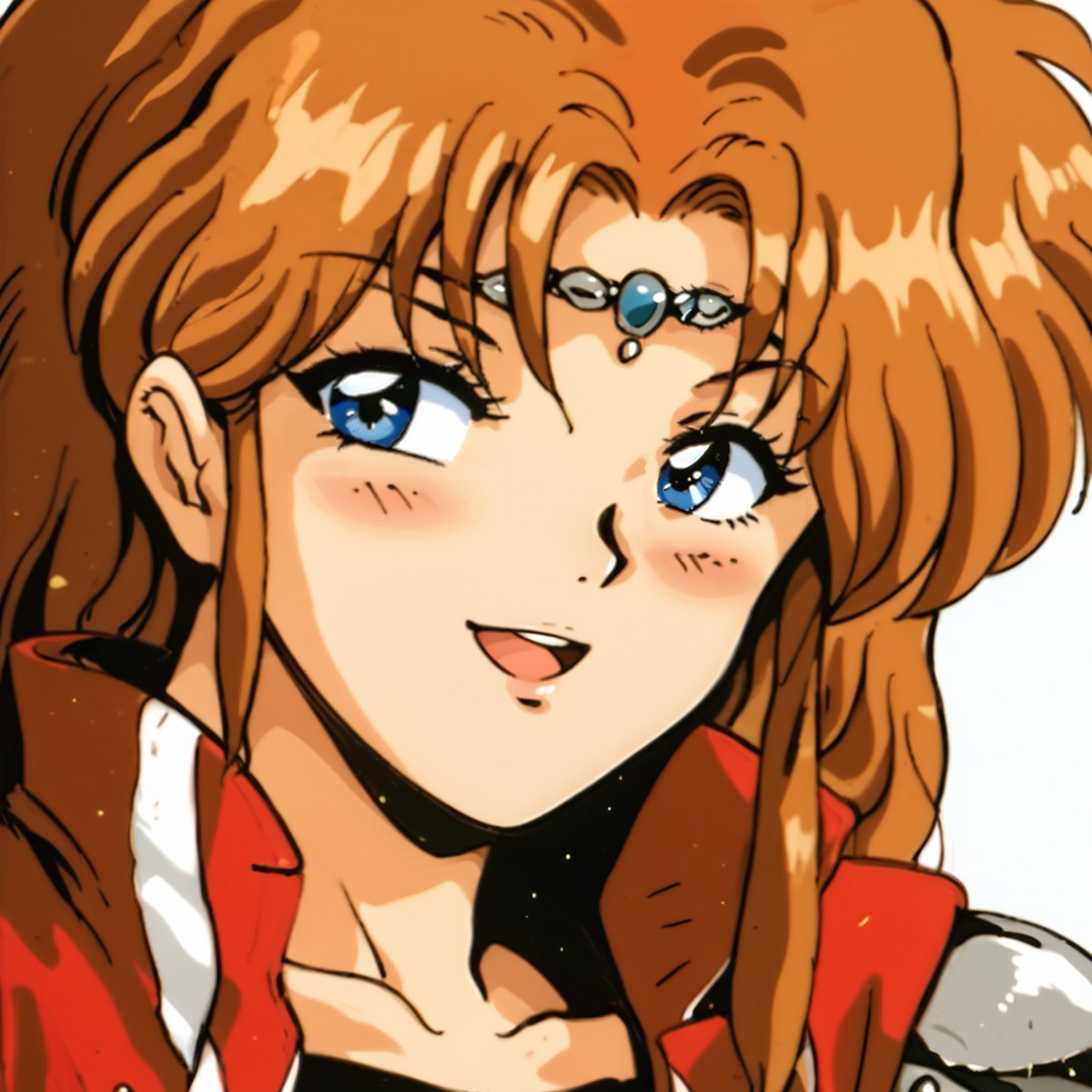 Score_9, score_8_up, score_7_up, score_6_up, facing viewer, source_cartoon, source_anime, rating_safe, side view, profile
1girl, alys brangwin, long hair, brown hair, blue eyes, circlet, illustration, armor, red jacket, collarbone, open mouth, narrowed eyes, blush, shy, smile, looking to the side 
<lora:VGC_PS4_Alys_Brangwin-000007:1> 1990s (style), retro artstyle <lora:90s_pony:0.4>