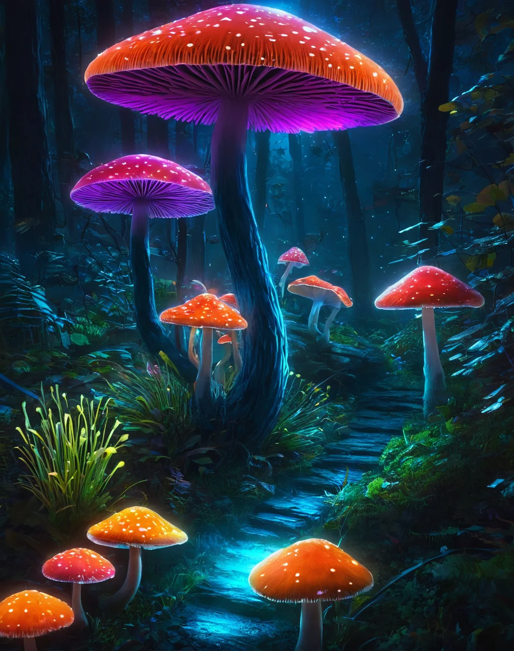 colored ink sketch, nsfw, pastel colors,, mesmer, bioluminescent BREAK bioluminescence forest at night, floating particles of light, colorful mushrooms and vegetation, (masterpiece), best quality, highres, 4k, 8k, amazing quality, amazing shading, soft lighting, intricate detail, extremely detailed, chromatic aberration, colorful, bright colors,, merida from brave