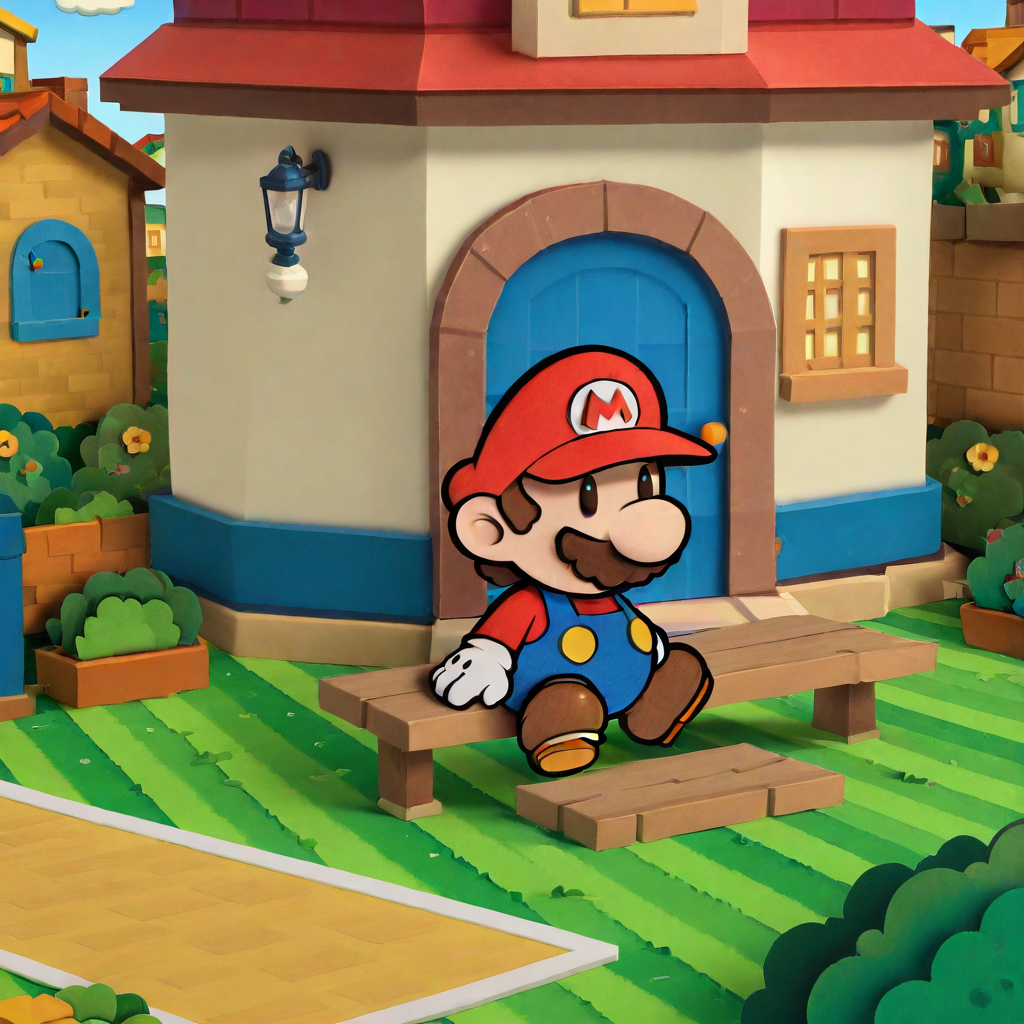 (((stkrstar:1))), highres, high quality, 1boy, male focus, facial hair, overalls, hat, mustache, gloves, red headwear, brown footwear, shirt, white gloves, brown hair, solo, blue overalls, red shirt, house, outdoors, shoes, long sleeves, grass, bushes, mario, fence, window, door, town, house, sitting, sitting on bench, relaxing