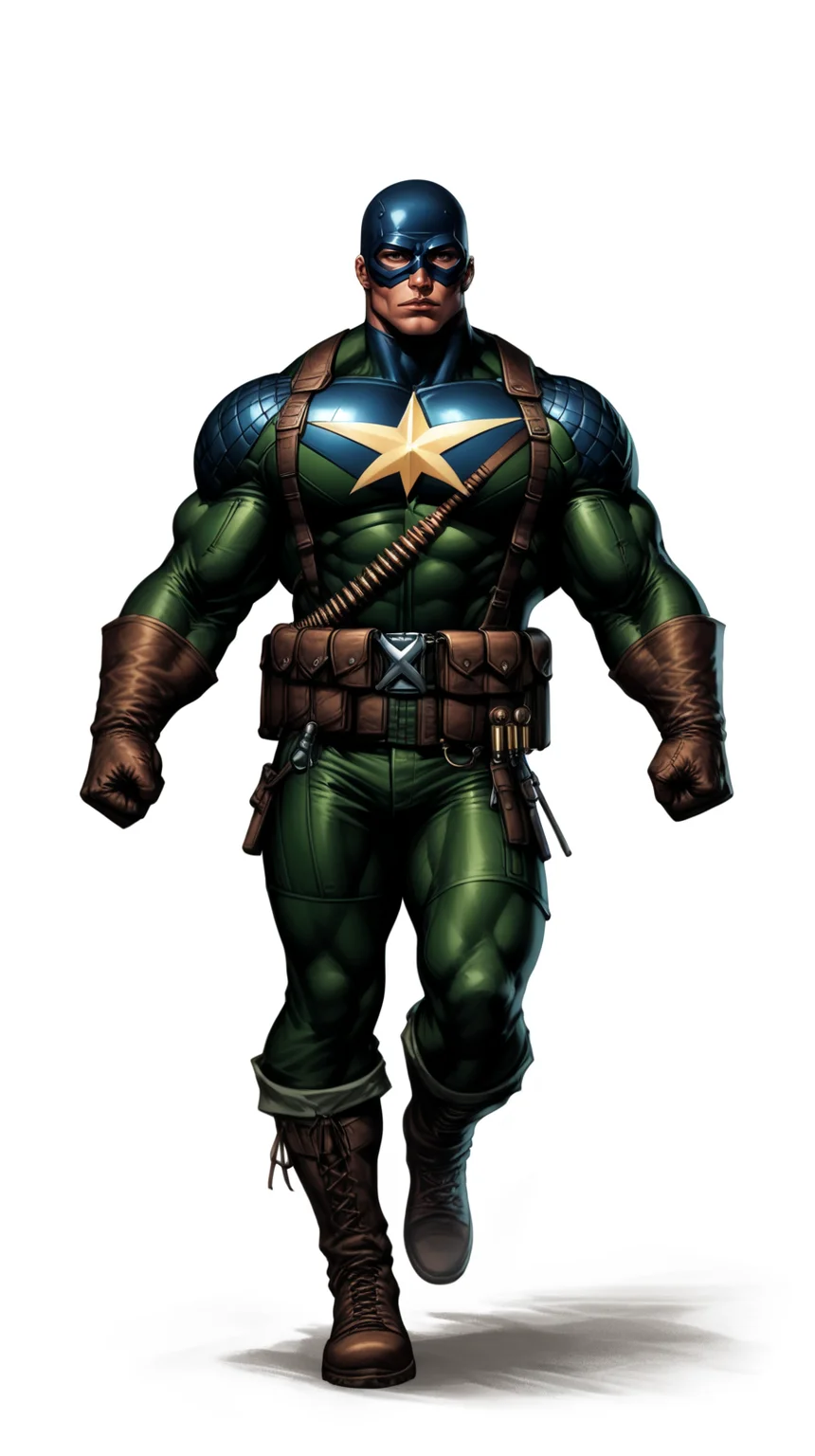 score_9, score_8_up, score_7_up, a man with a strong jaw in a tactical navy blue (muscled superhero costume with green armored highlights:1.2), (m1 helmet:1.4), (superhero domino mask:1.2), leather gloves, laced combat boots, bullet bandolier across his chest, (eagle crest on chest:1.2), gunslinger belt, huge biceps, (white background:1.2), character design, concept art, detailed face, high Detail, Sharp focus, dramatic pose, (full body shot:1.2), (solo:1.2), <lora:ArtgermLycoXL:0.5> <lora:c0rb3nXLP:0.5> c0rb3n <lora:detailed_hands:1> hands, <lora:ComicsPonyXL_V2:0.7> Comistyle <lora:WW2_Superhero_Costume-000019:0.7>