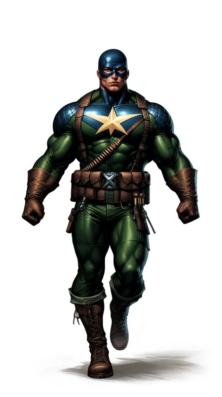 score_9, score_8_up, score_7_up, a man with a strong jaw in a tactical navy blue (muscled superhero costume with green armored highlights:1.2), (m1 helmet:1.4), (superhero domino mask:1.2), leather gloves, laced combat boots, bullet bandolier across his chest, (eagle crest on chest:1.2), gunslinger belt, huge biceps, (white background:1.2), character design, concept art, detailed face, high Detail, Sharp focus, dramatic pose, (full body shot:1.2), (solo:1.2), <lora:ArtgermLycoXL:0.5> <lora:c0rb3nXLP:0.5> c0rb3n <lora:detailed_hands:1> hands, <lora:ComicsPonyXL_V2:0.7> Comistyle <lora:WW2_Superhero_Costume-000019:0.7>