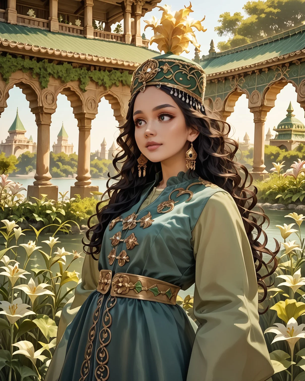score_9, score_8_up, score_7_up, 1girl, wearing kazfa, waist-up, wavy dark hair, very detailed clothes, blue clothes, green clothes, gold accents, gorgeous gazebo, Moroccan architecture, lilies, nature, masterpiece, highest quality, absurdres, (detailed,best quality:1.1), detailed face, detailed hair, <lora:KazakhFashionXL:1.2>, <lora:OtherStyle_08-Merge5_06_04_02_02:1>