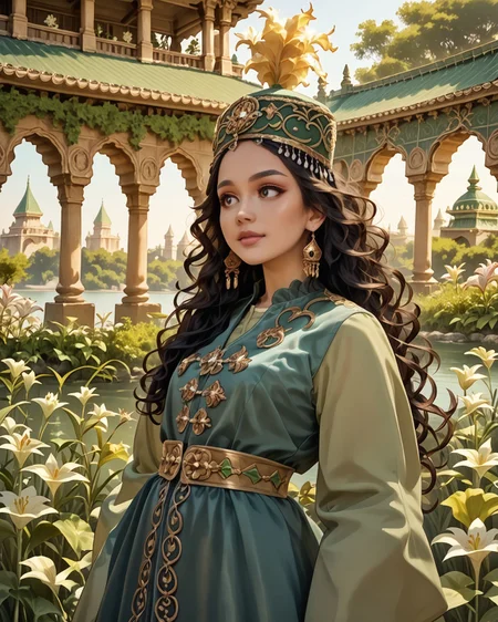 score_9, score_8_up, score_7_up, 1girl, wearing kazfa, waist-up, wavy dark hair, very detailed clothes, blue clothes, green clothes, gold accents, gorgeous gazebo, Moroccan architecture, lilies, nature, masterpiece, highest quality, absurdres, (detailed,best quality:1.1), detailed face, detailed hair, <lora:KazakhFashionXL:1.2>, <lora:OtherStyle_08-Merge5_06_04_02_02:1>