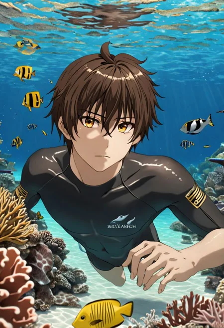Highres, Masterpiece, High Quality, 4K, 8K, solo, 1Boy, Seiya Kanie, short dark brown hair, golden eyes, sea water, clear, calm, coral reefs, fish, marine life, diving, snorkeling, without snorkel equipment, wet, easynegative, detailed_eye_model