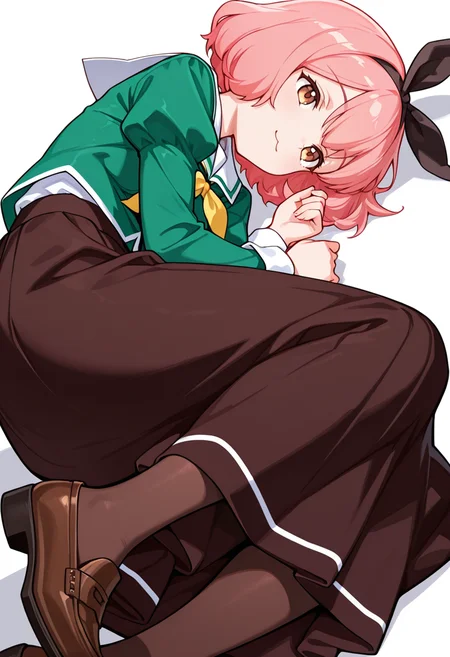 masterpiece,high quality details,absurdres, 
 <lora:Koshiba_Mai:0.8>
mar_cnr, 1girl, pink hair, short hair, bangs, brown eyes,black hairband,
mar_s1,green shirt, white sailor collar, serafuku,long skirt,black-brown skirt, juliet sleeves,pantyhose, loafers,, simple background, white background, sideways,solo,, :3,