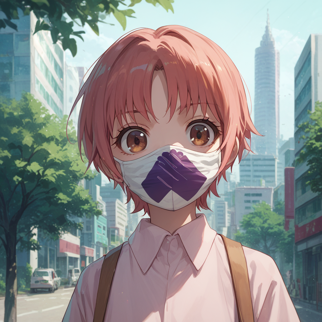 score_9, score_8_up, score_7_up, iizumi-rita, toaru, 1girl, solo, mask, short hair, looking at viewer, mouth mask, shirt, brown eyes, collared shirt, tree, brown hair, upper body, pink hair, city