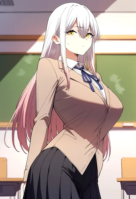 score_9, score_8_up, score_7_up, score_6_up, source_anime, rating_explicit, <lora:neg4all_bdsqlsz_V3.5:2.0>1girl, (solo:1.1), huge breasts,<lora:King Cupidponyxl:1> long hair, hair between eyes, yellow eyes, white hair, sidelocks, school uniform, brown jacket, long sleeves, neck ribbon, blue ribbon, collared shirt, white shirt, black skirt, pleated skirt, expressionless, Narrow shoulders, heavy breathing, steaming body, classroom, indoors, looking at viewer, standing