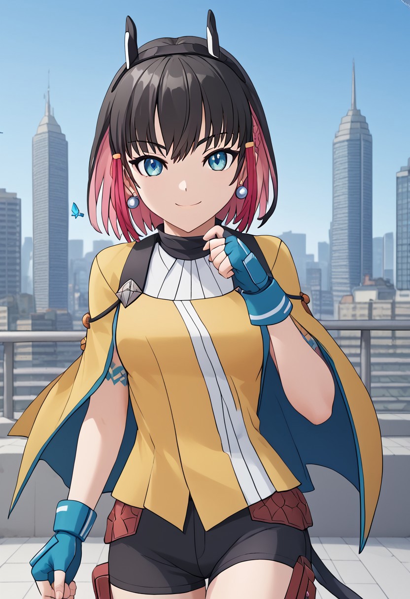score_4,score_5,score_6,score_7_up,score_8_up,score_9
((masterpiece,best quality,ultra detailed,highres,HD,4k:1.2)),
1 cute girl,girl forcus,
Kirin,multicolored hair,short hair,black hair,pink hair,blue eyes,tattoo,sidelocks,black head gear,black head ornaments,
yellow cape,yellow top,white shirt,fingerless gloves,shorts,black shorts,jewelry,earrings,
city,Blue butterflies fluttering, blue butterflies,
from front,front view,front angle,
smile,light smile,,looking at viewer,