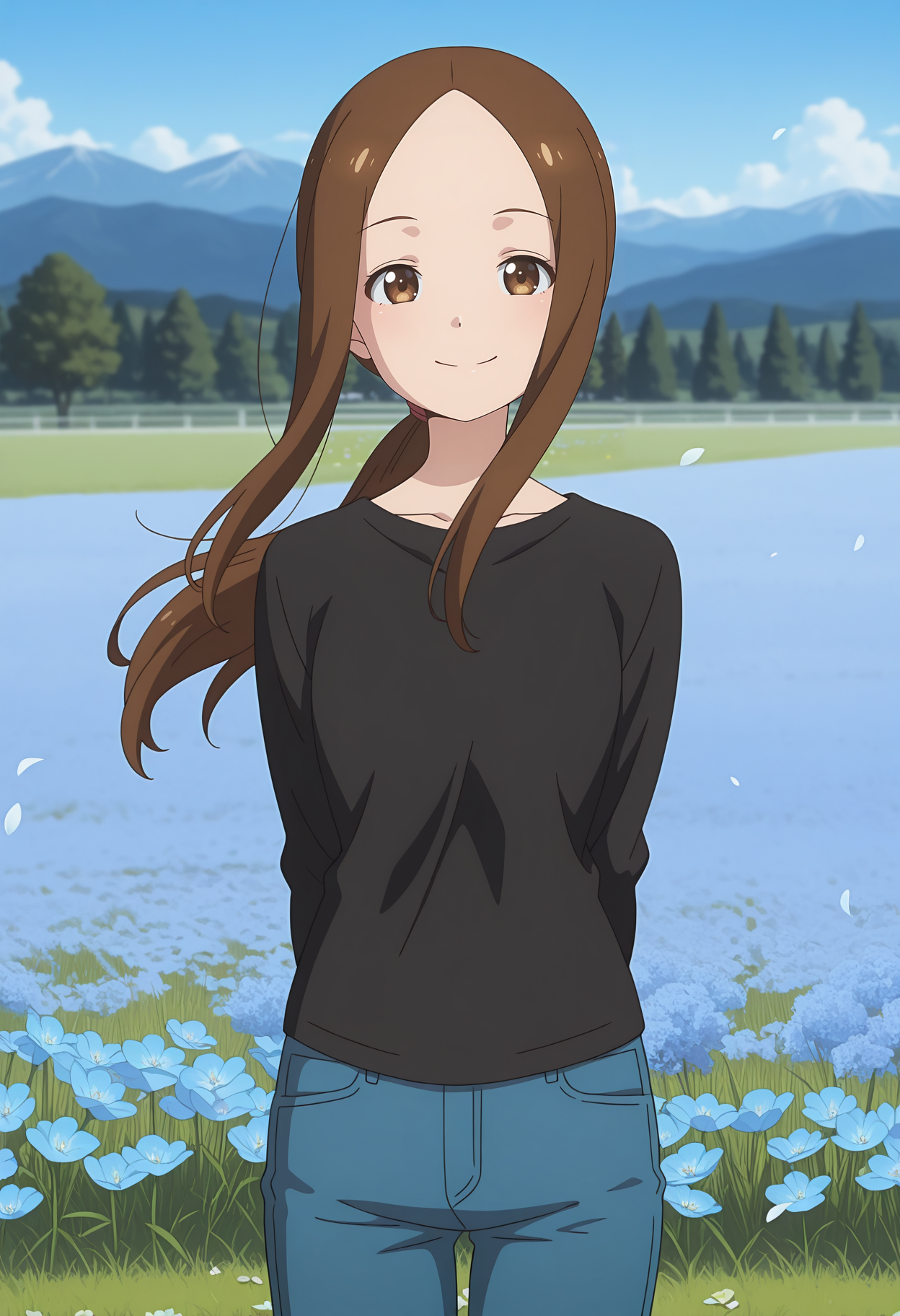 anime screencap, masterpiece, best quality,
<lora:KarakaiJouzuNoTakagi-San_Takagi(Adult)_IlluXL:0.9>,
1girl, solo, smile,
low ponytail, parted bangs, forehead, long hair, brown hair, brown eyes,
black shirt, long sleeves,, jeans, denim,
standing, arms behind back, looking at viewer, floating hair, petals, cowboy shot,
outdoors, scenery, tree, mountainous horizon, grass, flower field, blue sky, photo background, blurry background