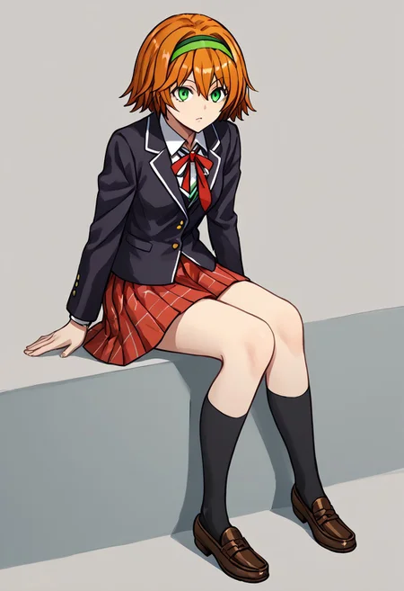 score_9, score_8_up, score_7_up, score_6_up, score_5_up, score_4_up, source_anime, solo, 1girl,
Madoka Harumi, green eyes, orange hair, brown hair, short hair, green hairband, between eyes,, school uniform, skirt, socks, plaid, plaid skirt, kneehighs, pleated skirt, serafuku, plaid, kneehighs, black socks, jacket, shoes, blazer, red skirt, loafers,
masterpiece, best quality, very aesthetic, absurdres,