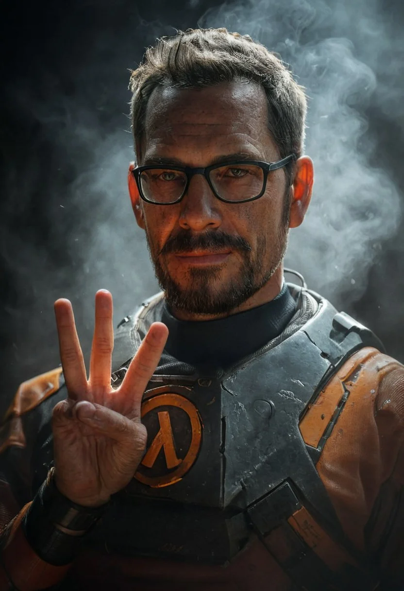 Showing three finger, belomo_kodak_gold, three-finger, mystic haze, dusty atmosphere, closeup, photorealistic, amazing quality, masterpiece, best quality, hyper detailed, ultra detailed, UHD, perfect anatomy, portrait, dof, hyper-realism, majestic, awesome, inspiring, CloseUp Portrait of a Real gordon freeman showing three finger, one Hand Up, charming but tired Smile, skin Details, very detailed skin and scar, old skin, Epic beard, Closeup, looking at Viewer, atmospheric haze, mystic Haze, veiled in shadows in an dark alley, steaming drain backdrop, cinematic composition, soft shadows, very detailed, hd, RAW photograph, masterpiece, top quality, best quality,